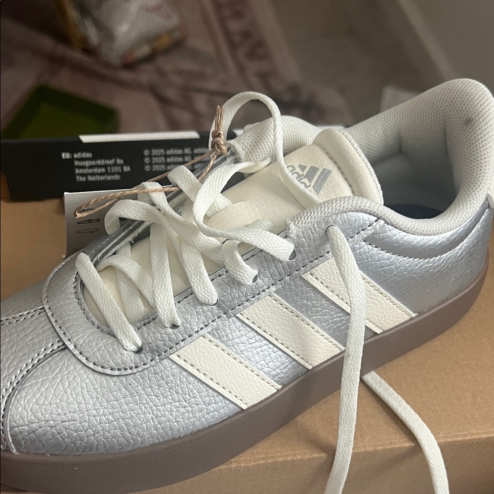 Adidas Metallic Silver and White VL Court Sneakers